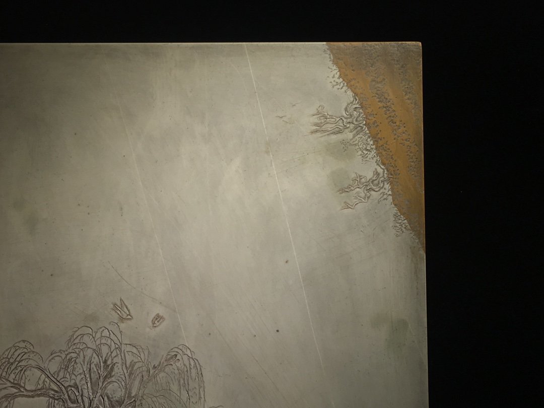 中国美術 緑端渓蘭亭硯 重量1621g 蘭亭曲水図彫刻 唐木硯箱 書道具 唐