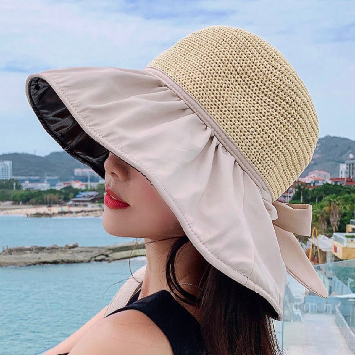 流行に AM11 つば広ハット つば広帽子 女優帽 紐つき 紫外線 UVカット 小顔効果