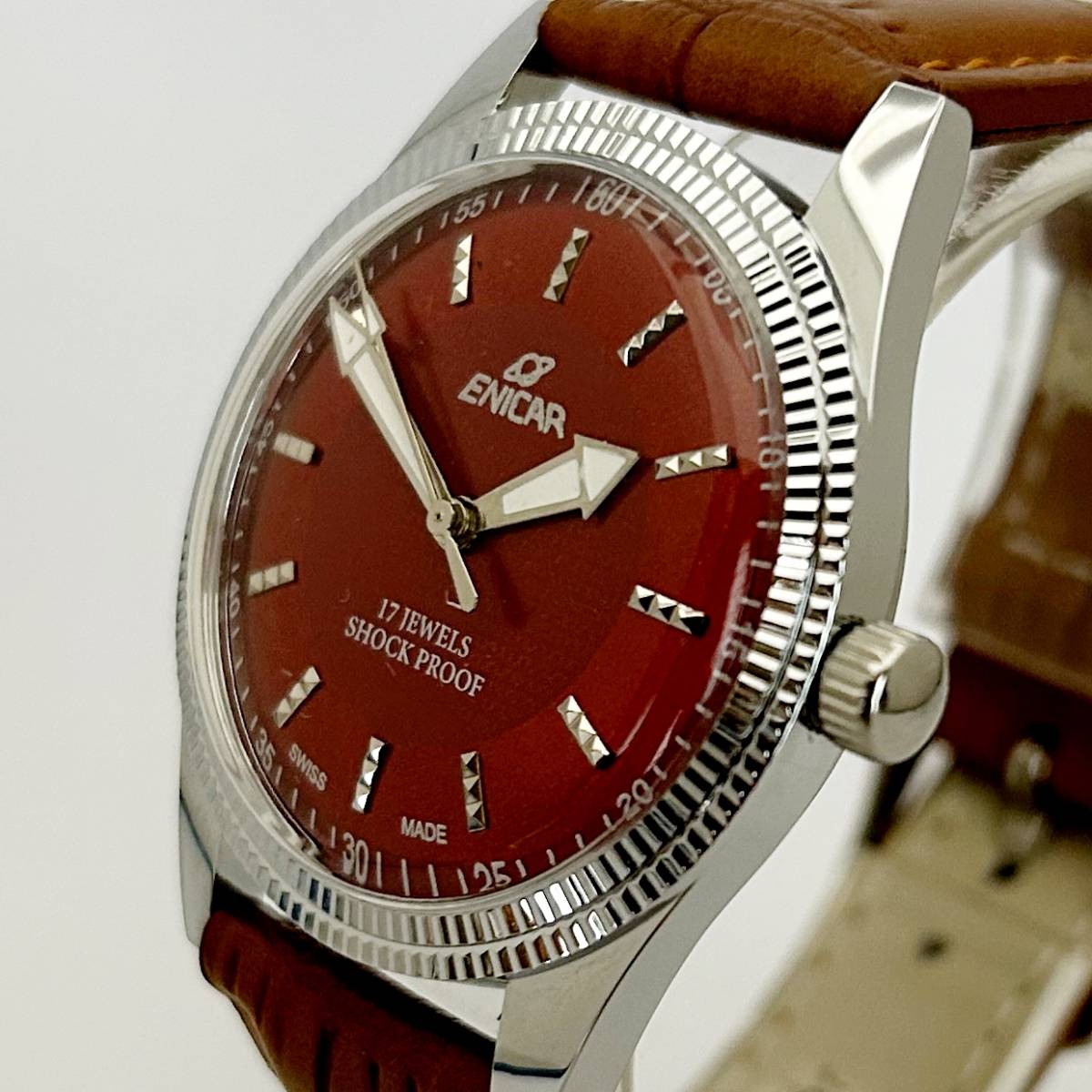 スイス品質】ENICAR エニカ 紳士用腕時計 手巻機械式 36mm レッド 