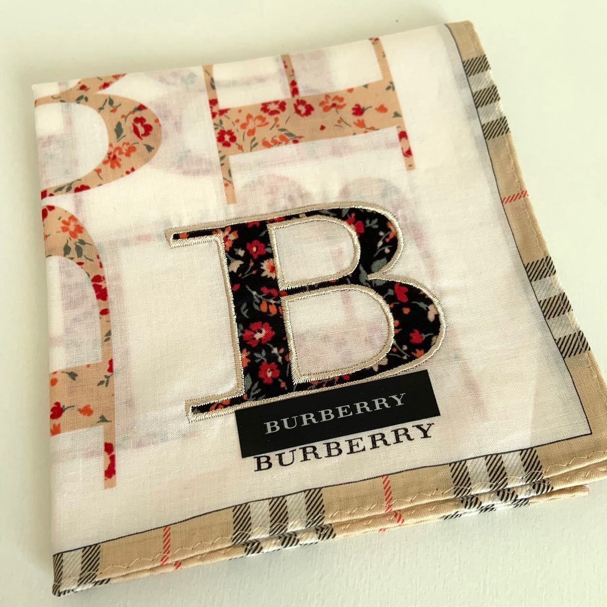 未使用 BURBERRY バーバリー 大判ハンカチ 綿100% 日本製 花柄 刺繍 約