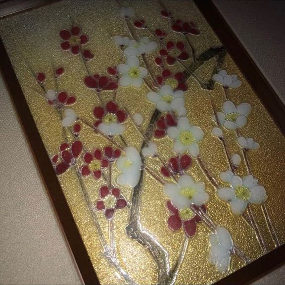 七宝焼　美しい絵画　風水　縁起物　紅白梅　梅の花文様　額装品　【0500】_画像3