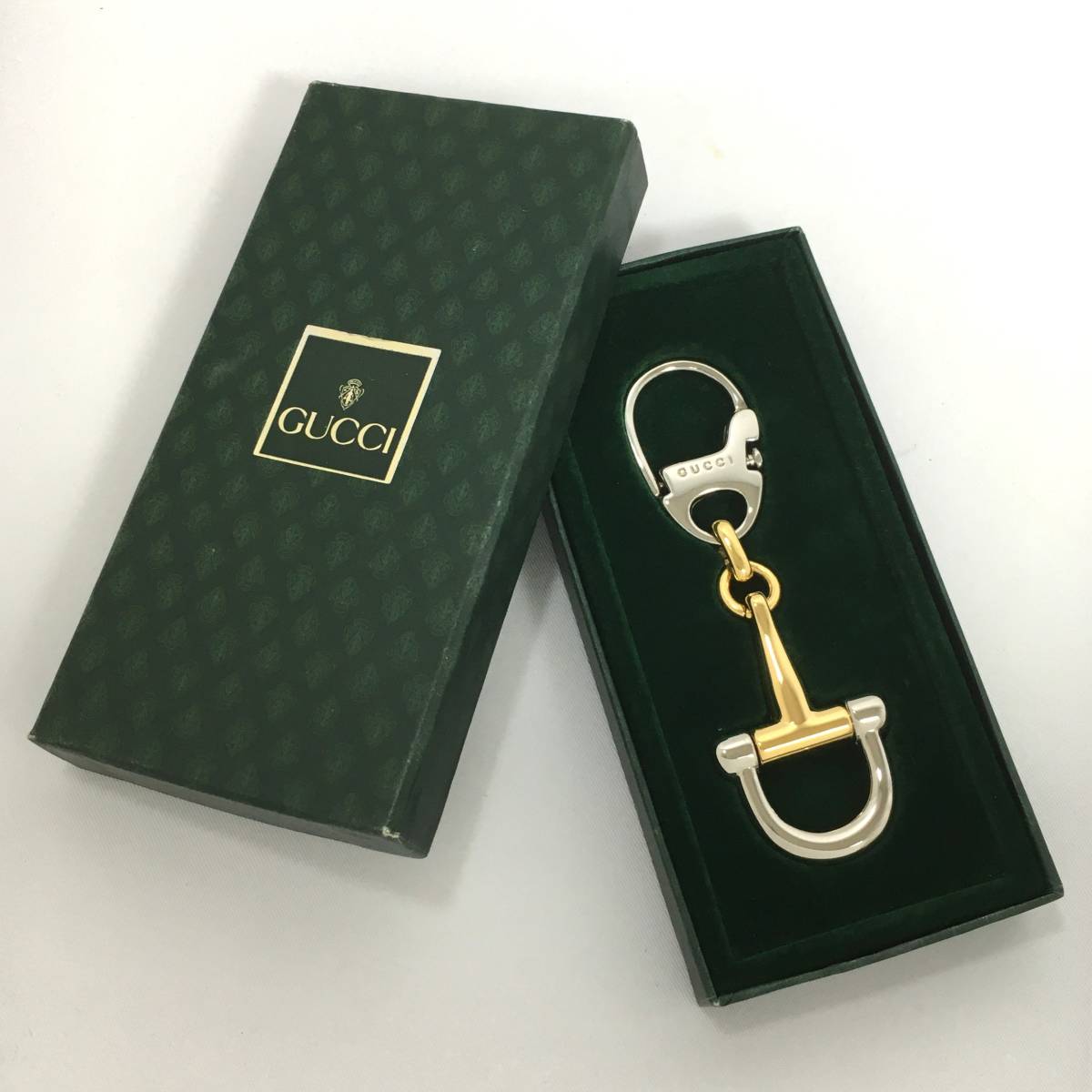 【美品】グッチ キーリング メタル シルバー×ゴールド ホースビット キーホルダー チャーム 箱付 イタリア製 オールドグッチ GUCCI