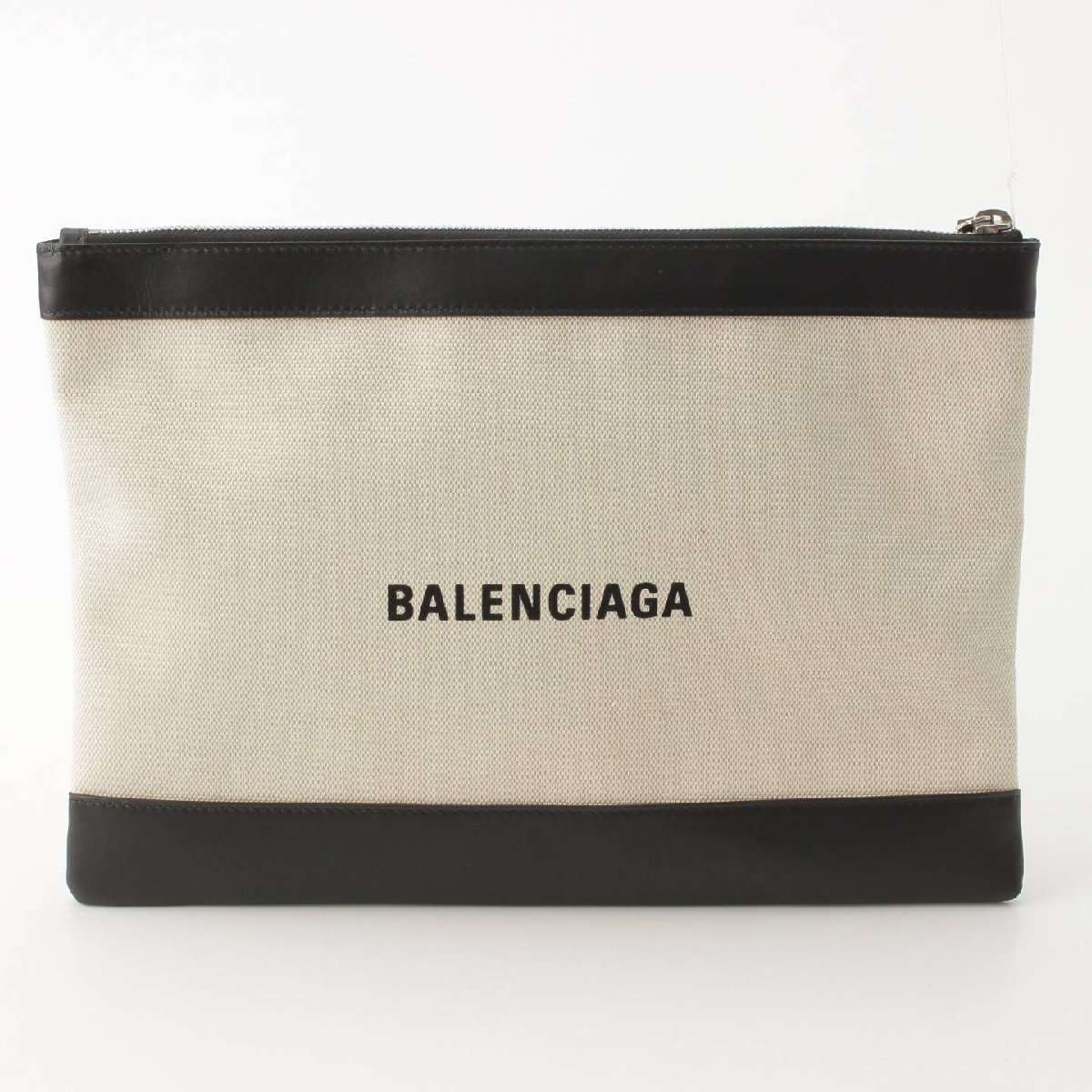 【バレンシアガ】Balenciaga　ロゴ キャンバス×レザー クラッチバッグ 373834 アイボリー×ブラック 【中古】【正規品保証】181921