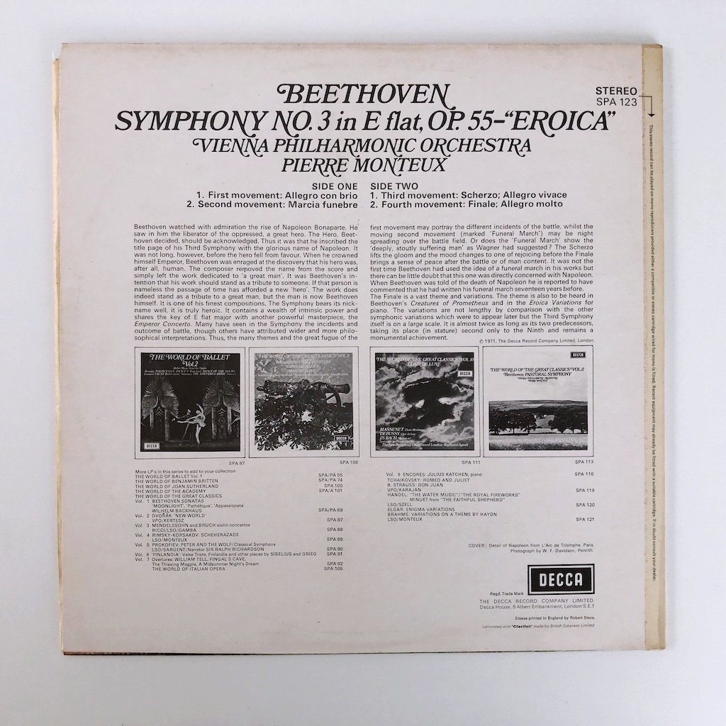 LP/ モントゥー、ウィーン・フィル / ベートーヴェン：交響曲第3番「英雄」 / UK盤 DECCA SPA123 30621_画像2