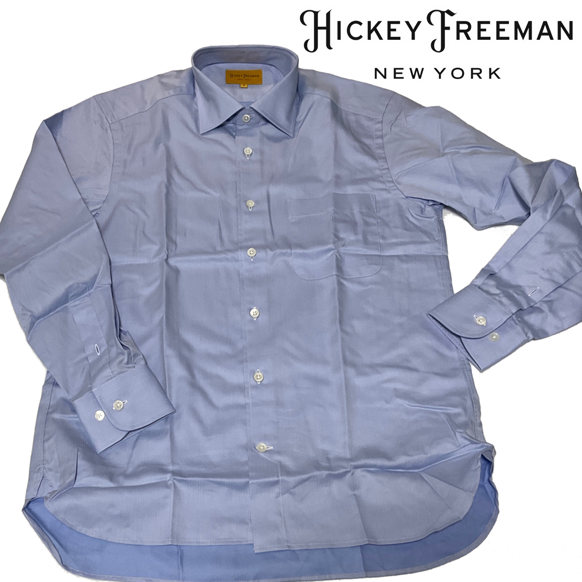 S12/M 新品 日本製 HICKEY FREEMAN ヒッキーフリーマン 綿100％ ヘリンボーン柄 長袖ワイドカラードレスシャツ ブルー クリックポスト対応