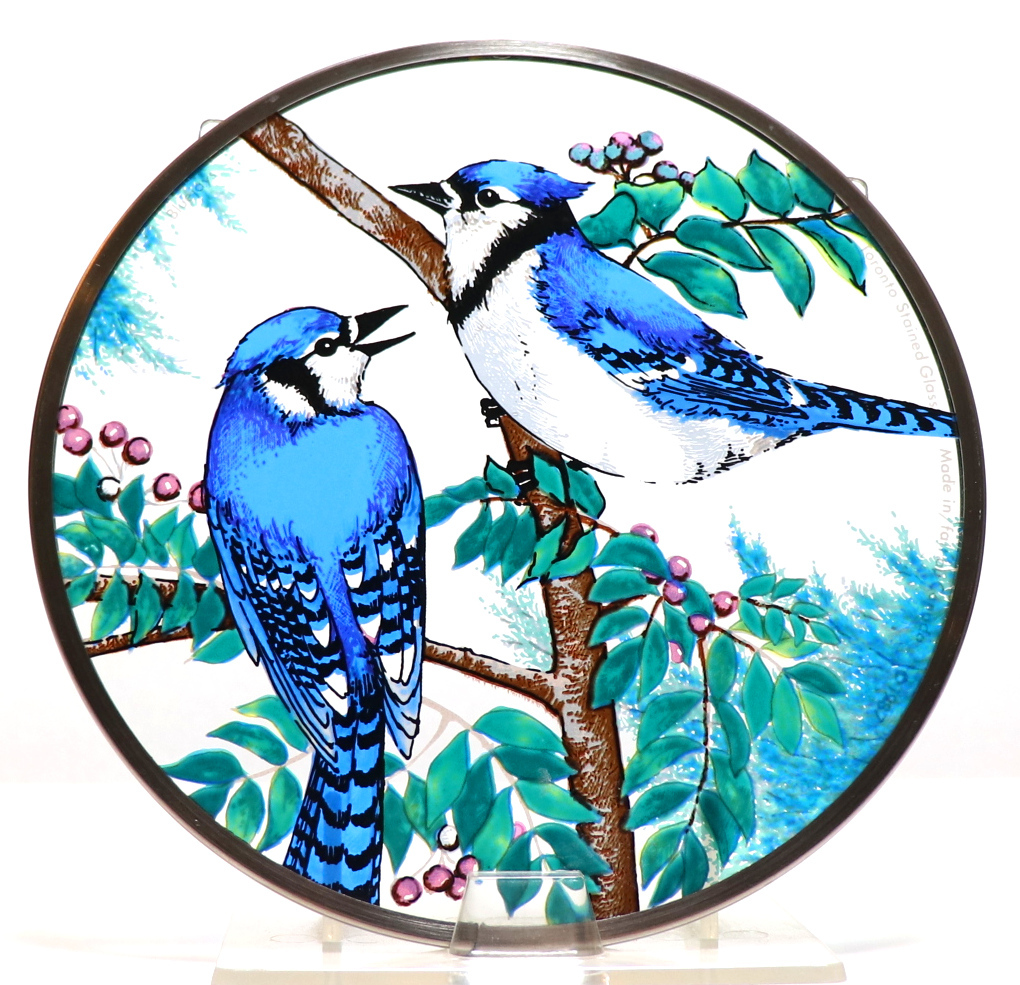 二匹のブルージェイ ヴィンテージ ステンドグラス トロント カナダ アオカケス 鳥 グラスマスターズ ティファニー スタジオ 美術館 絵画