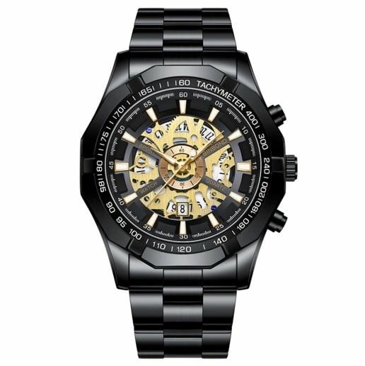 0323 BINBOND デイカウント★ラグジュアリー スケルトン メンズ ステンレス 腕時計 黒
