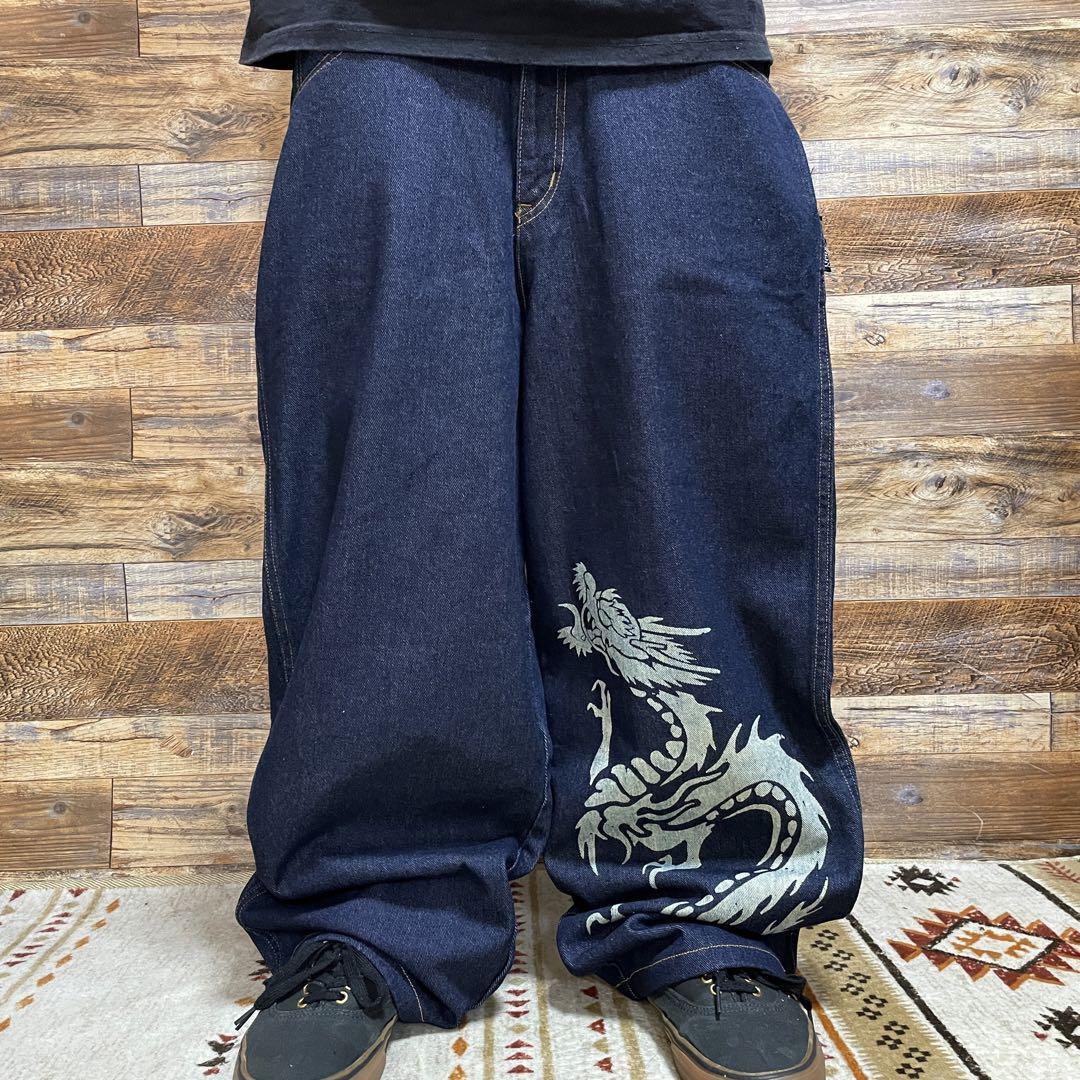 DOGTOWN ドッグタウン バギーデニム ジーンズ ジーパン Gパン w31 刺繍 b系 ストリート 極太 黒龍 濃紺 ネイビー 古着  ブラックドラゴン