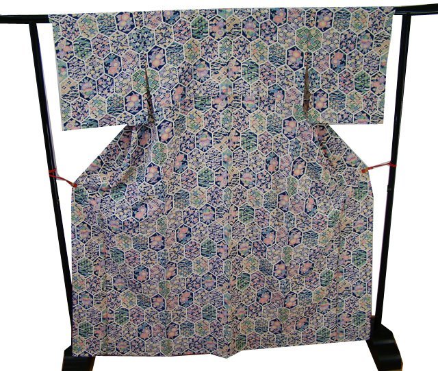 速くおよび自由な 小紋 縮緬地 裄65.9cm 単衣 美品 時代屋 正絹