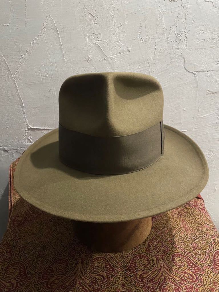 30s VINTAGE Dobbs 7 1/8ヴィンテージドブスドッブスギャング フェドラハット57cmオリーブstetsonステットソンhatインディージョーンズ