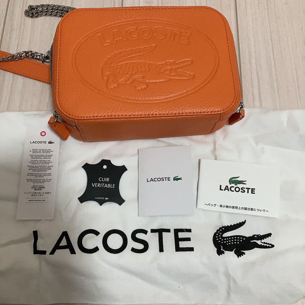 極美品 保管 LACOSTE ラコステ レディース ショルダーバッグ チェーンバッグ ポシェット パーティーバッグ 牛革 レザー オレンジ ブランド