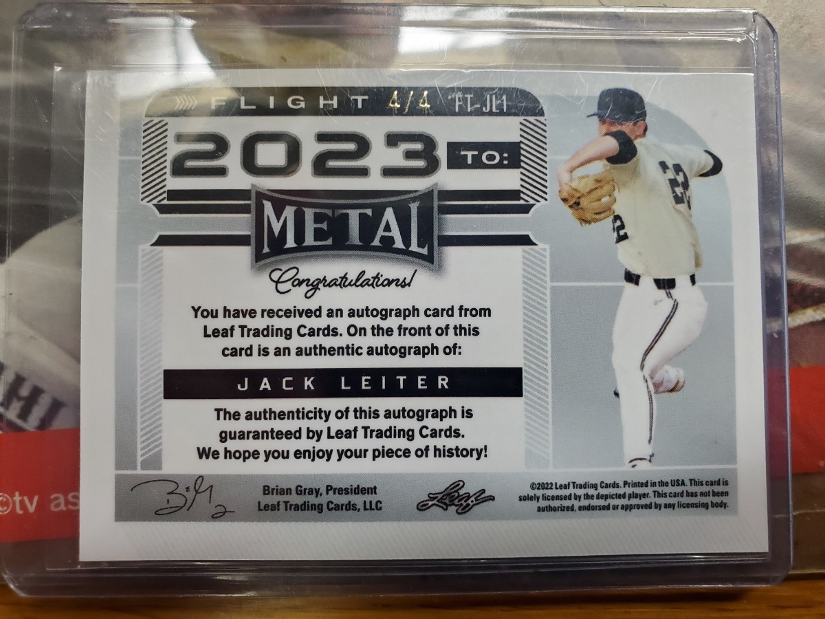 jack Leiter auto leaf metal draft baseball 2022 ジャック・ライター 直筆サイン /4 4枚限定カード レンジャーズ 2021年 全体2位の画像2