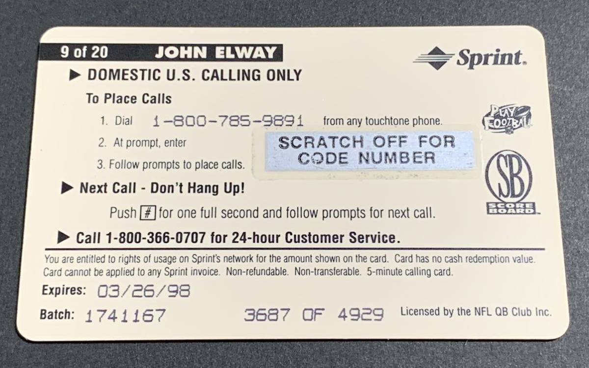 1996 Pro Line Intense $5 Phone Card John Elway /4929 9of20 Broncos NFL ジョン・エルウェイ　4929枚限定　シリアル　ブロンコス_画像2