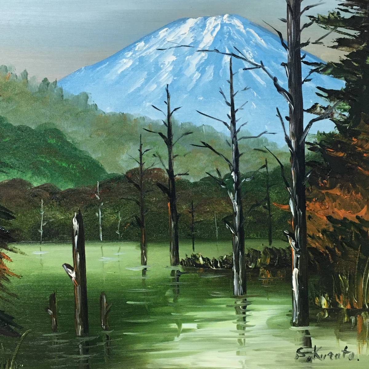保障できる 「野辺山高原」F8 雨の山湖」絵画 油絵「水郷風景」1982