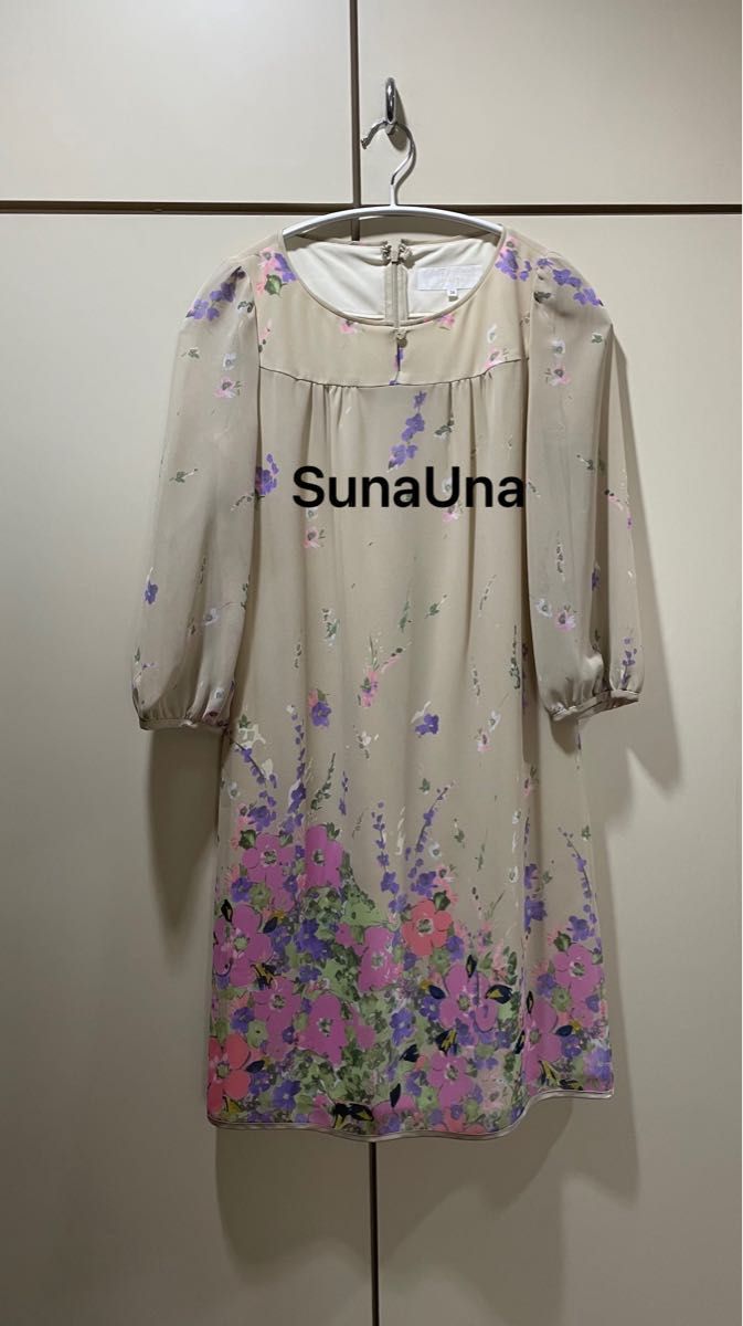 【美品】SunaUna 七分袖ワンピース　花柄　34サイズ