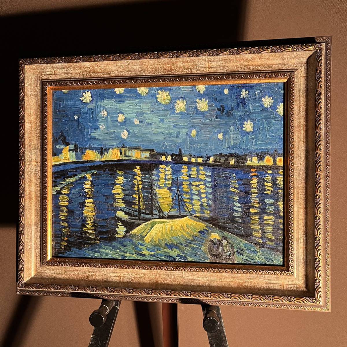  handwriting . oil painting go ho low n river. star month night amount attaching picture interior oil painting .