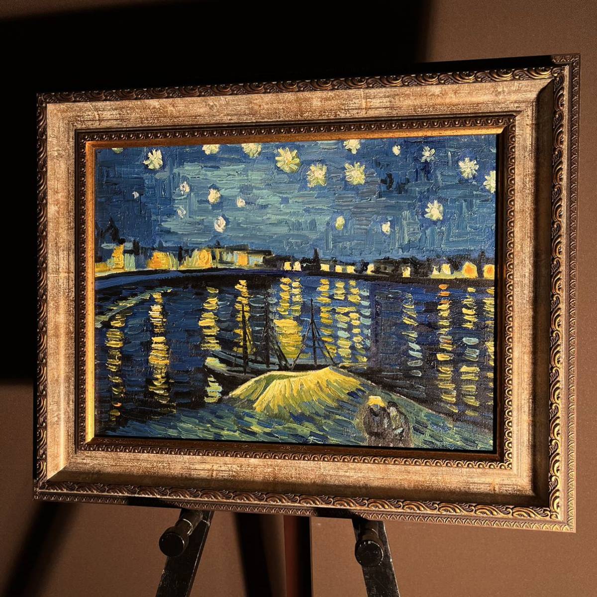  handwriting . oil painting go ho low n river. star month night amount attaching picture interior oil painting .