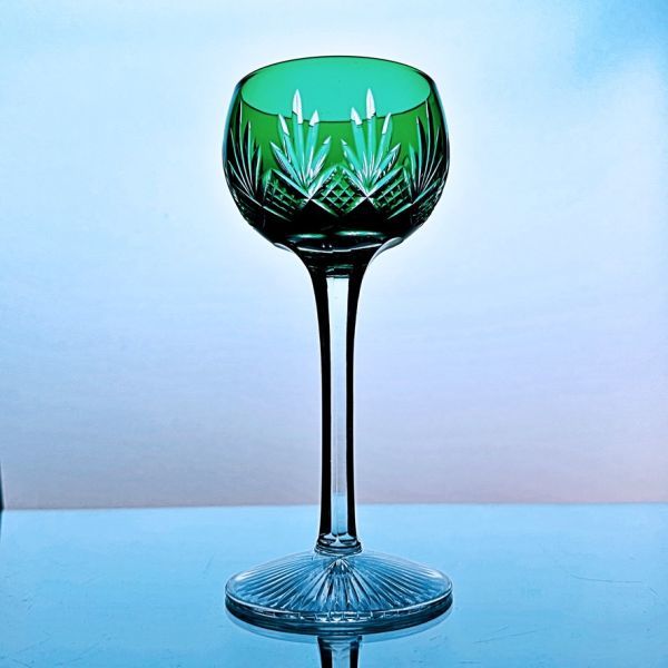 輝くオールドサンルイSaint Louis☆クリスタルカットの大きなワイングラス 緑グリーン 江戸切子 フランスアンティーク Baccaratバカラの画像2