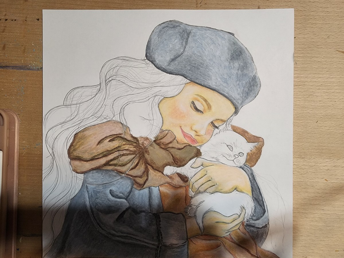 パステル画 自作イラスト 少女と子猫 オイルパステル 猫の絵 一点物