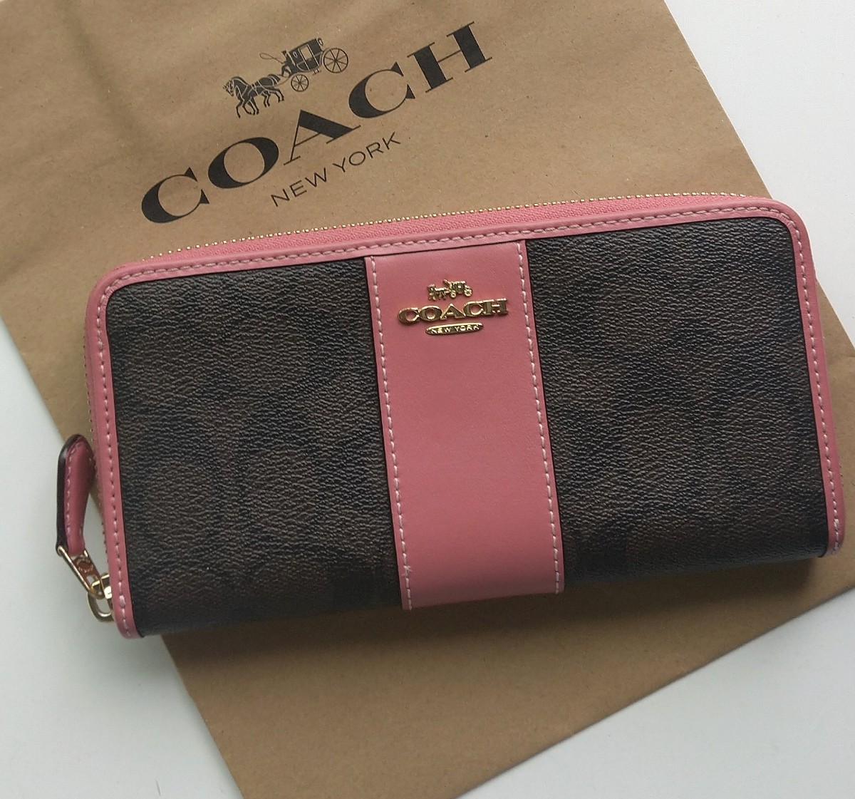 【新品】COACH コーチ 長財布 シグネチャー ブラウン ピンク