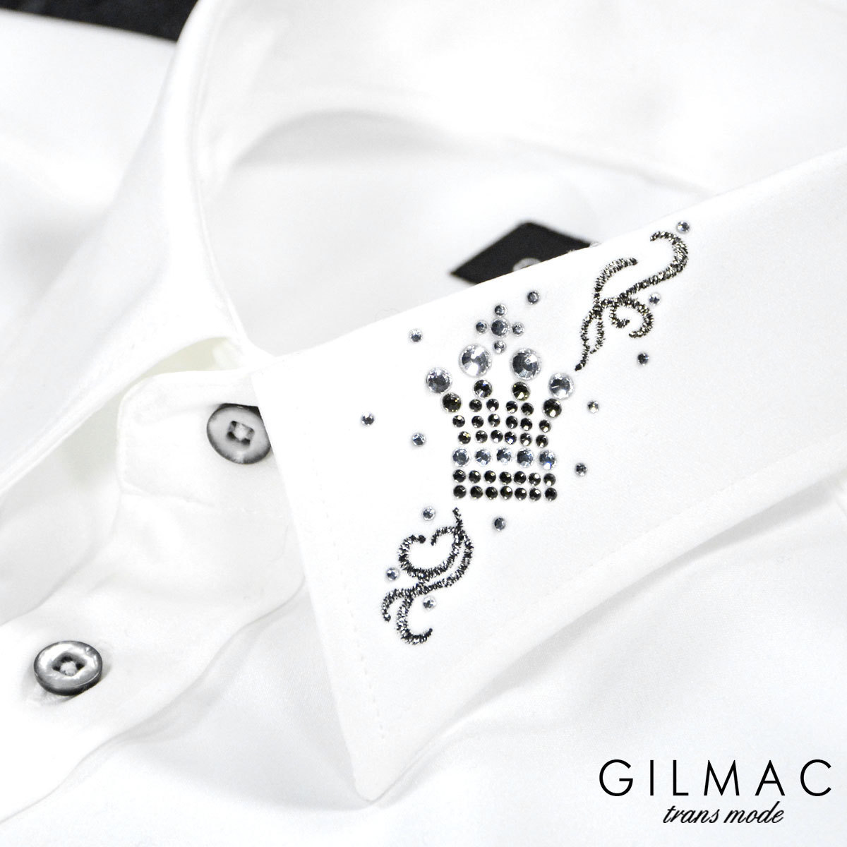 売れ筋介護用品も！ 長袖サテンドレスシャツ 襟ラインストーン クラウン王冠 イタリアンカラー GILMAC 6#36741-1 メンズ(ホワイト白) スキッパー S Sサイズ