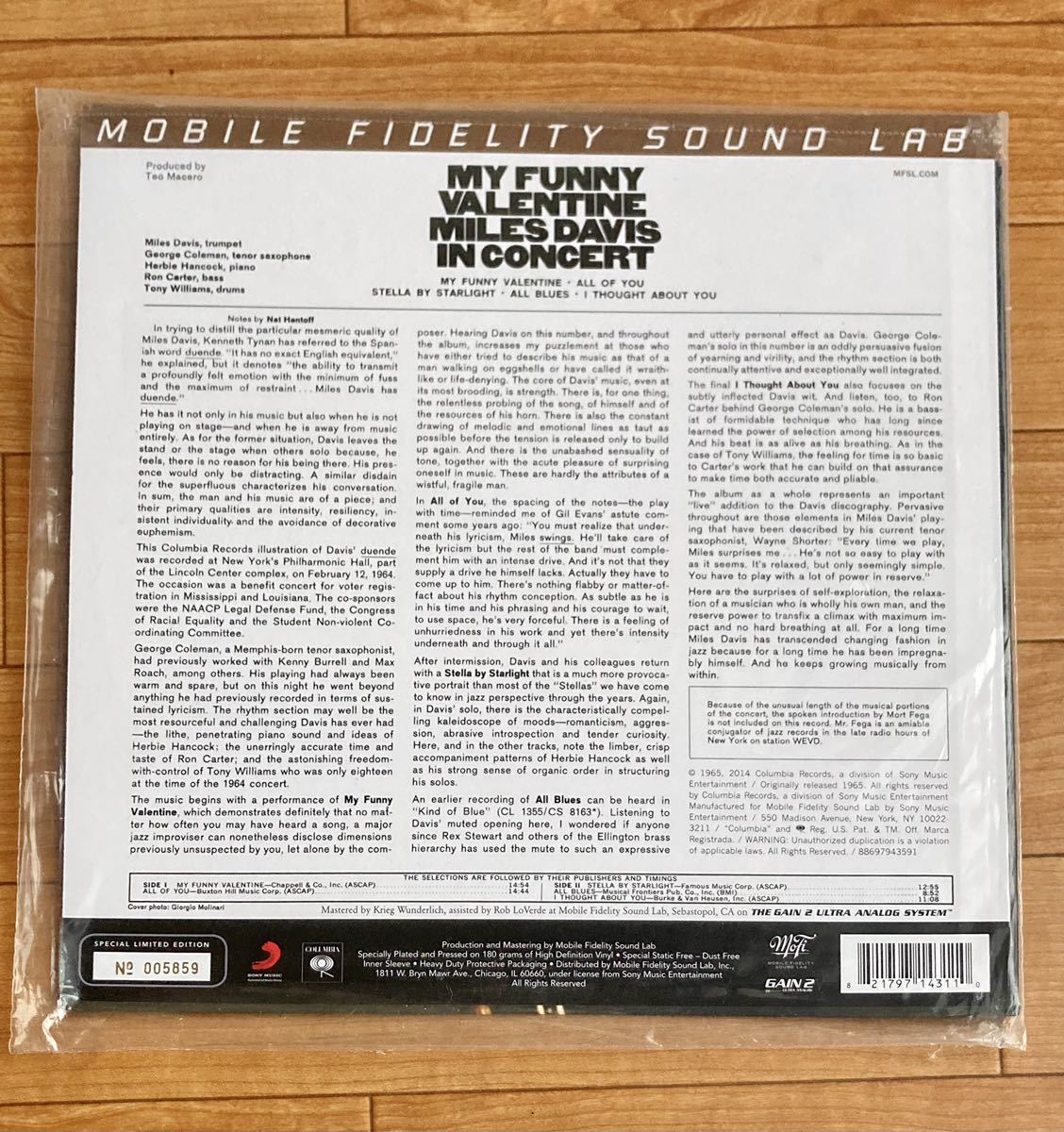 新品 超高音質版 レコード LP MILES DAVIS 『 My Funny Valentine』　Mobile Fidelity Sound Lab John Coltrane Bill Evans Art Blakey_画像2