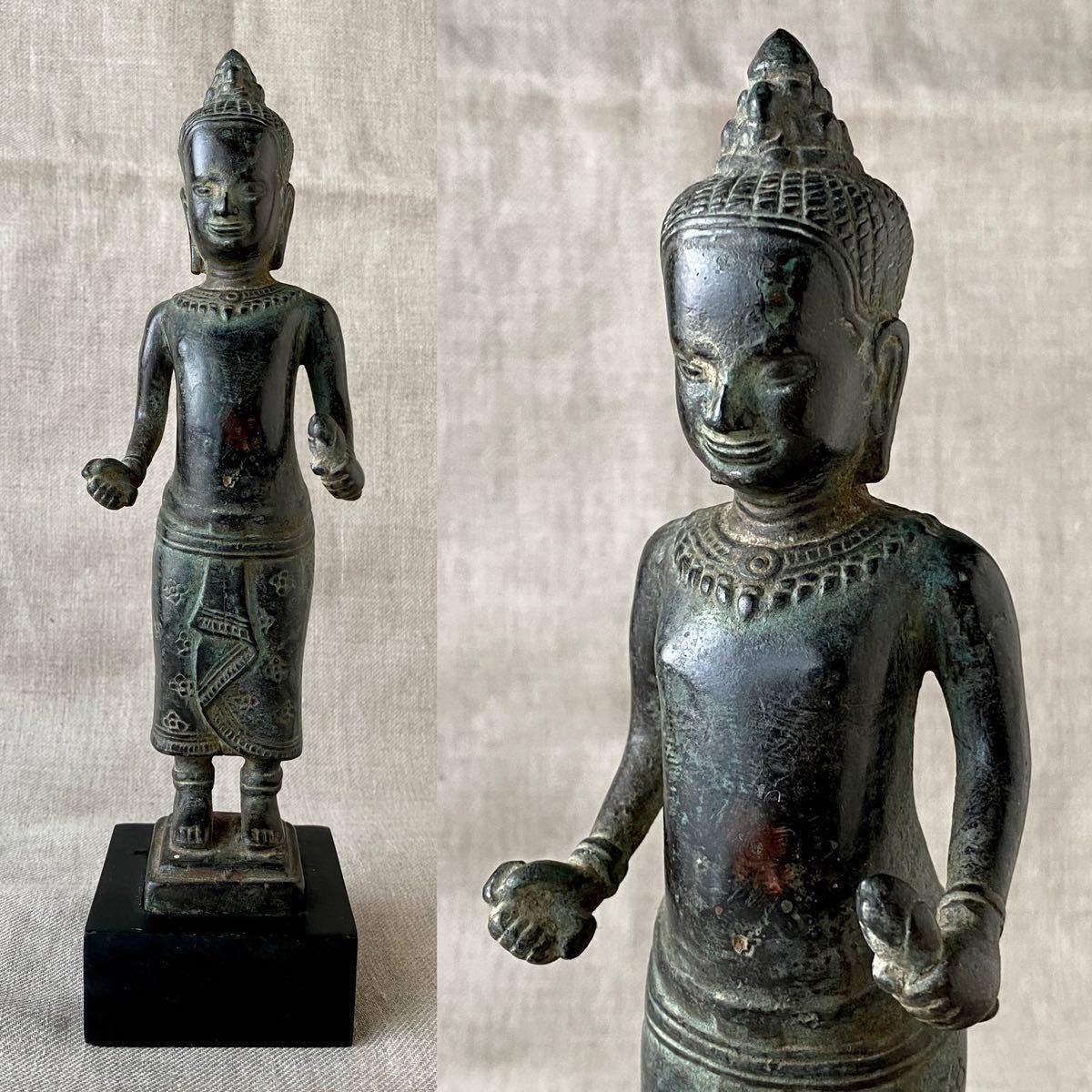 仏教美術 クメール ブロンズ 女神像 発掘品 アンコール期 青銅 仏像