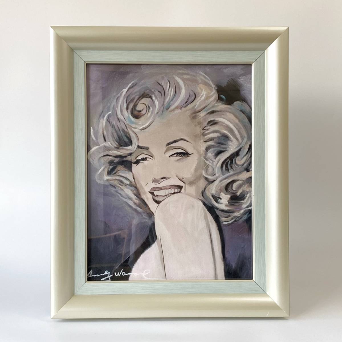 アンディ・ウォーホル 「マリリン・モンロー（Marilyn Monro)」 肉筆 油彩 絵面＆裏面サイン 額装 Andy Warhol 画題 模写 油絵 アート_画像1