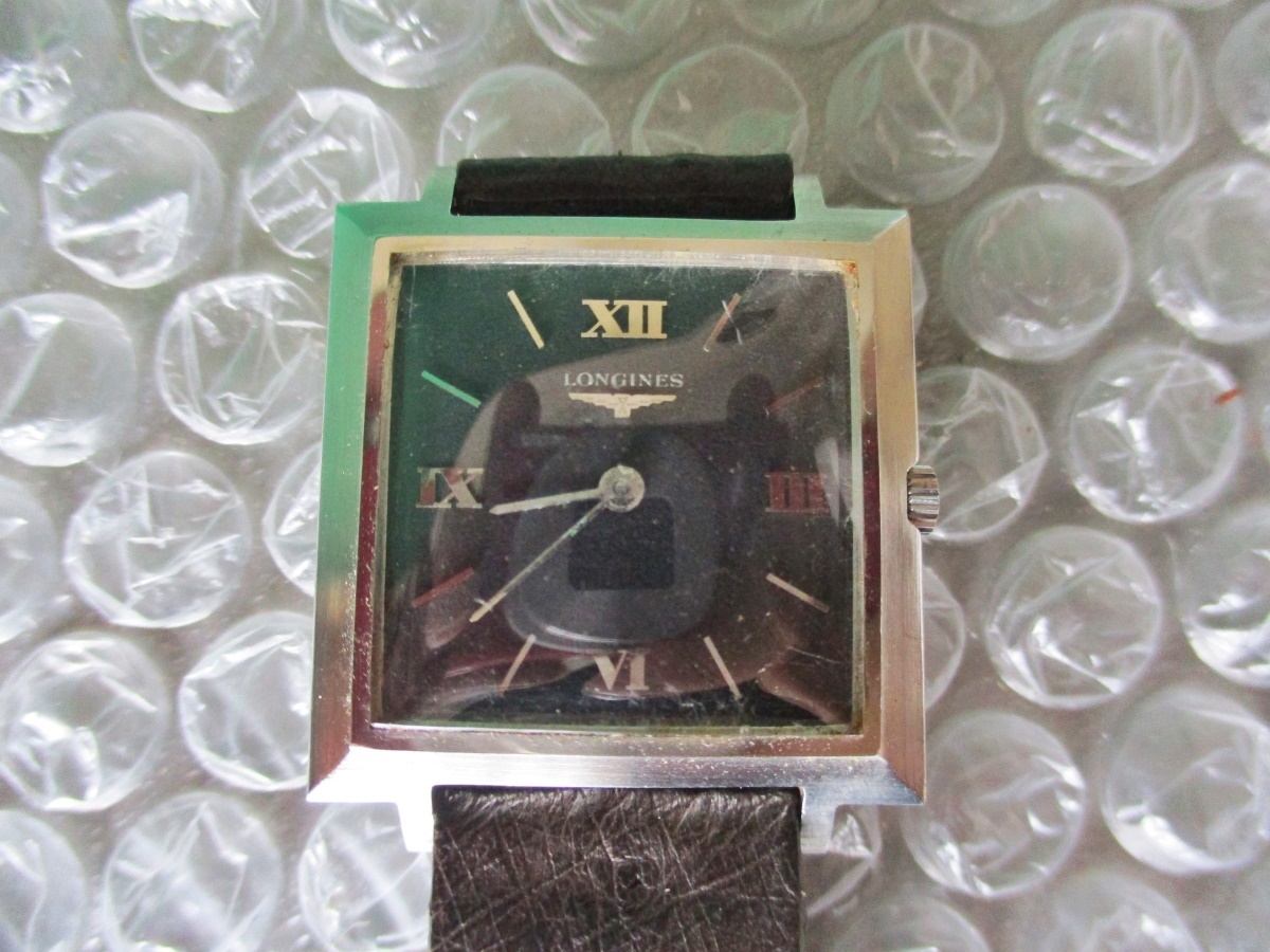 腕時計 LONGINES ロンジン 手巻き スクエア型 ブラック文字盤 OH済み 昭和レトロ ビンテージ腕時計 コレクションに