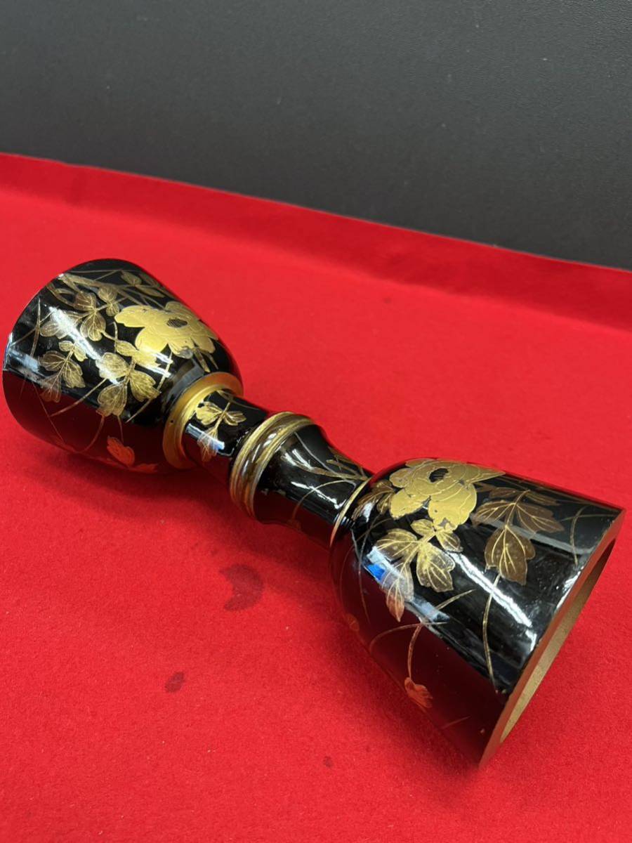 小鼓胴 黒蒔絵 牡丹絵金蒔絵 和楽器 花模様 花柄 蒔絵 金 楽器 黒 高さ