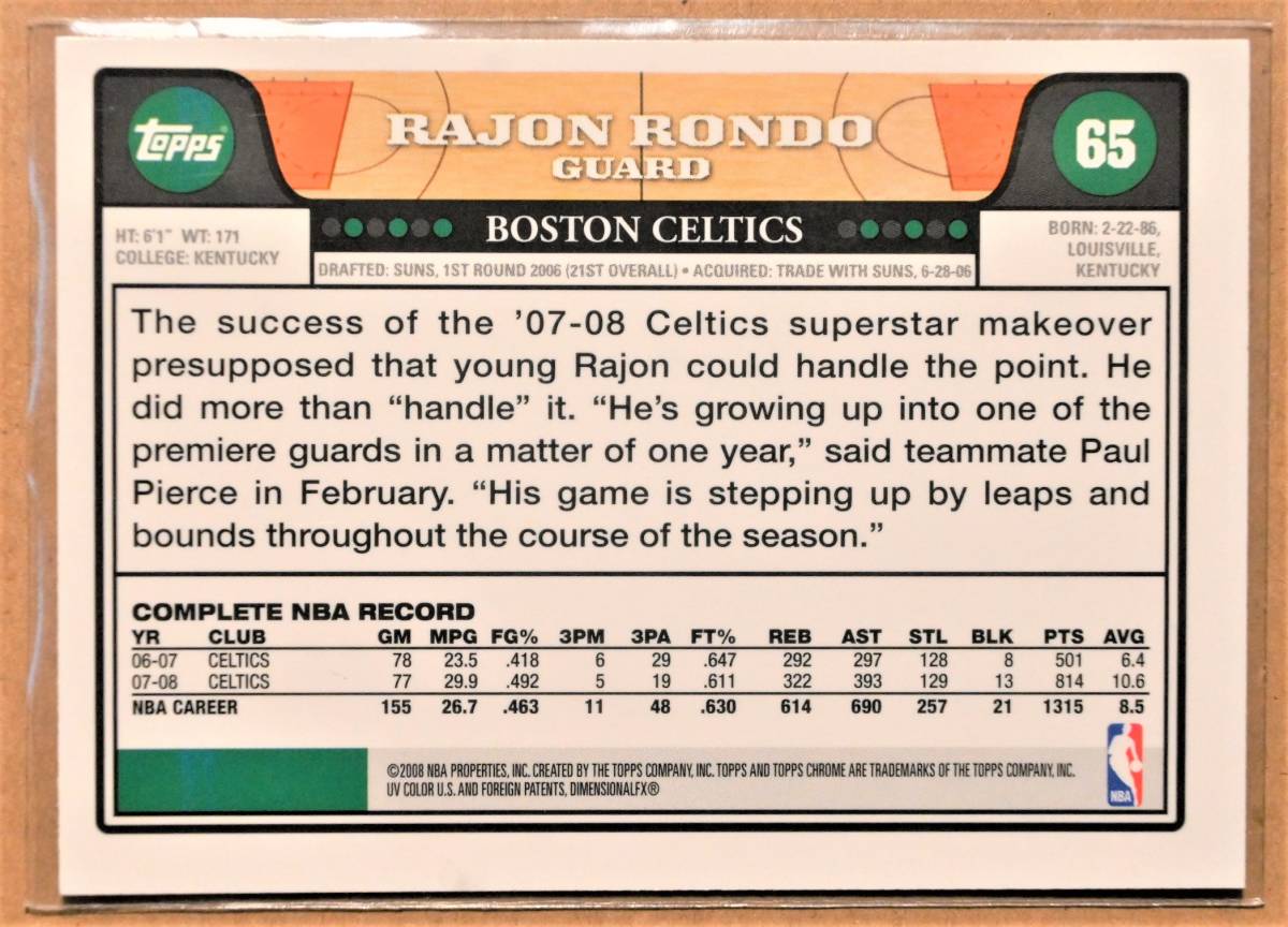 RAJON RONDO (ラジョン・ロンド) 2008 TOPPS CHROME トレーディングカード 65 【NBA,ボストンセルティックス,BOSTON CELTICS】_画像2