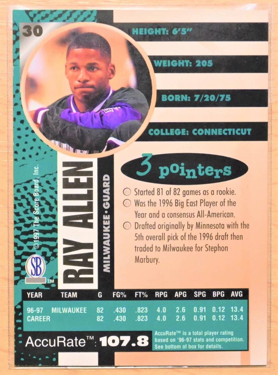 RAY ALLEN (レイ・アレン) 1997 Score Board Autographed '97-98, トレーディングカード 30 【NBA BUCKS ミルウォーキー・バックス】_画像2