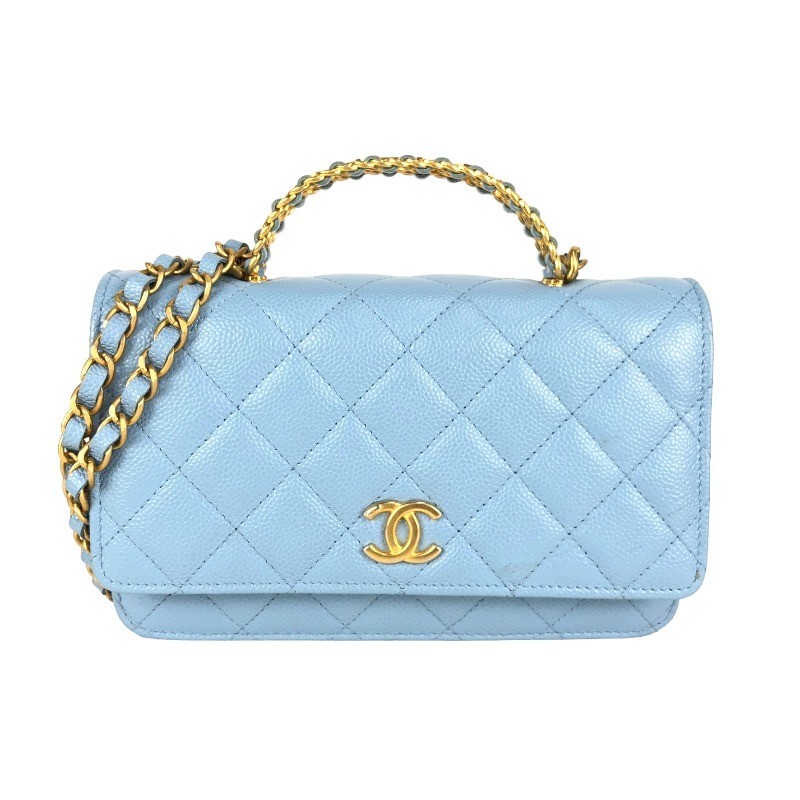 シャネル CHANEL トップハンドル チェーンウォレット ライトブルー ゴールド金具 ショルダーバッグ レディース 中古