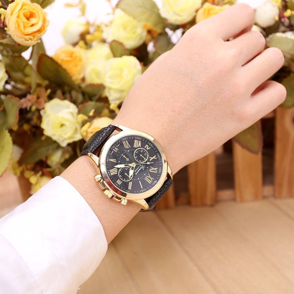 時計 腕時計 ギリシャ文字 アナログ メンズ クォーツ レザー ベルト 高品質 レザー ファッション時計 ウォッチ 男女兼用 ブラックの画像2