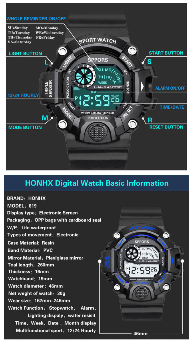  digital wristwatch sport wristwatch wristwatch clock digital type LED digital bicycle sport outdoor camp running black 