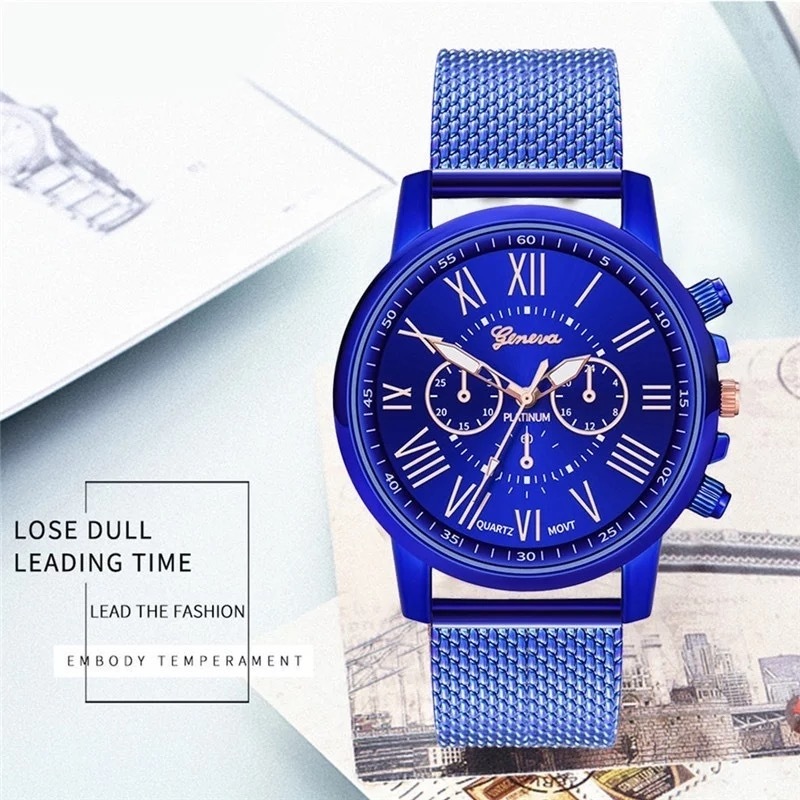 腕時計 時計 ギリシャ文字 ステンレス メッシュ アナログ メンズ クォーツ ファッション時計 男女兼用 オシャレ ウォッチ ブルーの画像1
