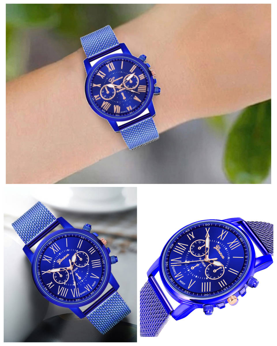 腕時計 時計 ギリシャ文字 ステンレス メッシュ アナログ メンズ クォーツ ファッション時計 男女兼用 オシャレ ウォッチ ブルーの画像3