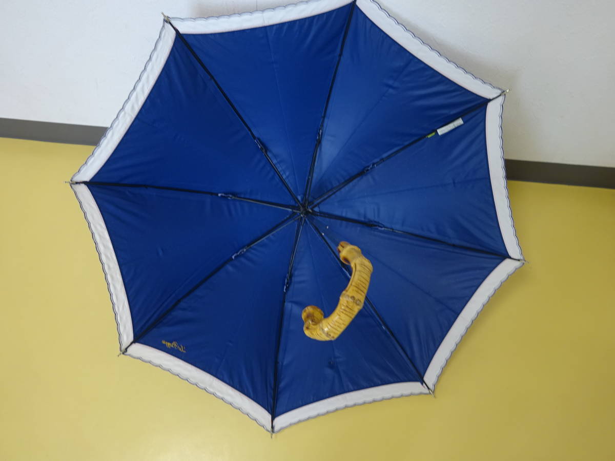 (せ-A1-939）LaPioggia ラ・ピオッジア　日傘　雨OK　スライド式　女性傘　ブルー／ドット　赤ステッチ　通勤・通学　中古_画像3