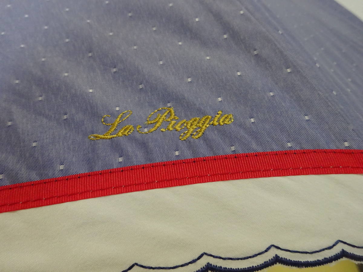 (せ-A1-939）LaPioggia ラ・ピオッジア　日傘　雨OK　スライド式　女性傘　ブルー／ドット　赤ステッチ　通勤・通学　中古_画像7
