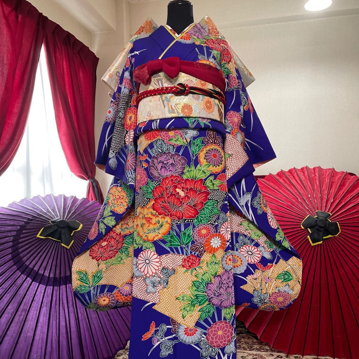 豪華振袖・袋帯2点セット・型染め・吉祥牡丹花文・扇面・鹿の子・縮緬