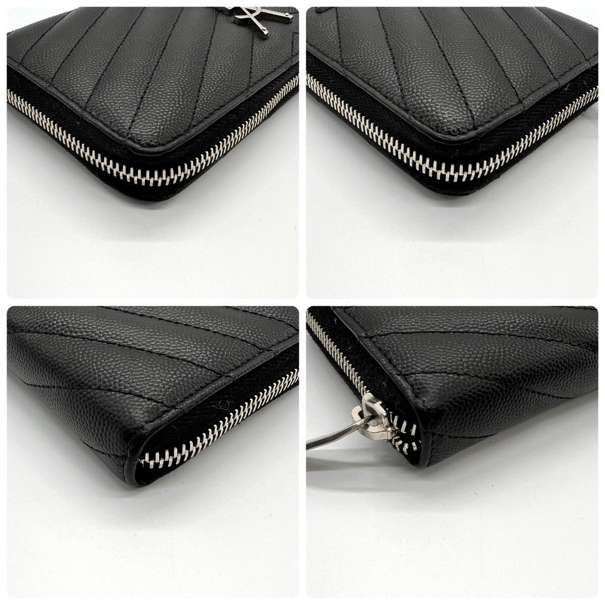 美品 サンローラン パリ YSL Vステッチ ラウンド長財布 ブラック
