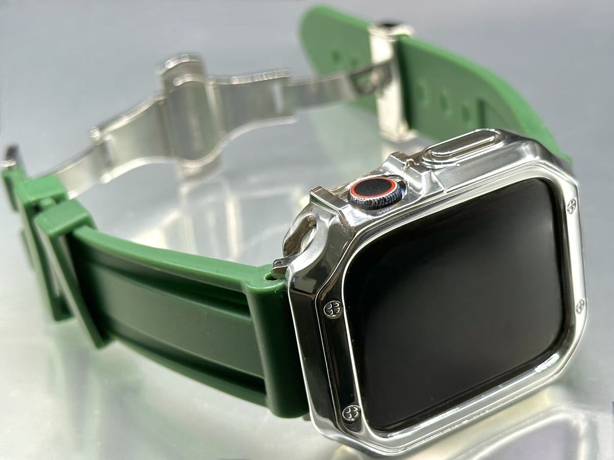 グリーン シルバー アップルウォッチバンド ラバーベルト Apple Watch カバー　ケース メンズ レディース 38mm40mm41mm42mm44mm45mm