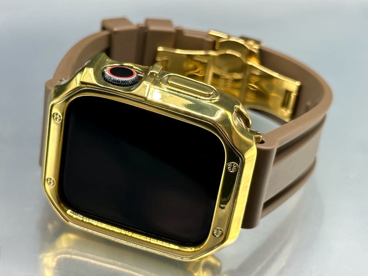 いいスタイル ブラウン&ゴールド アップルウォッチバンド ラバーベルト Apple Watch カバー　ケース メンズ レディース 38mm40mm41mm42mm44mm45mm ラバーベルト