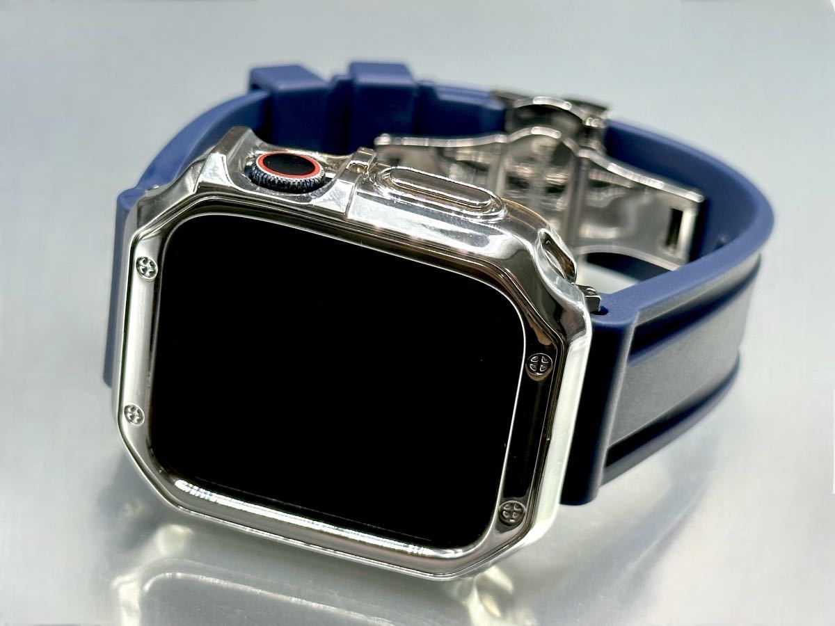 ネイビー シルバー アップルウォッチバンド ラバーベルト Apple Watch カバー　ケース メンズ レディース 38mm40mm41mm42mm44mm45mm