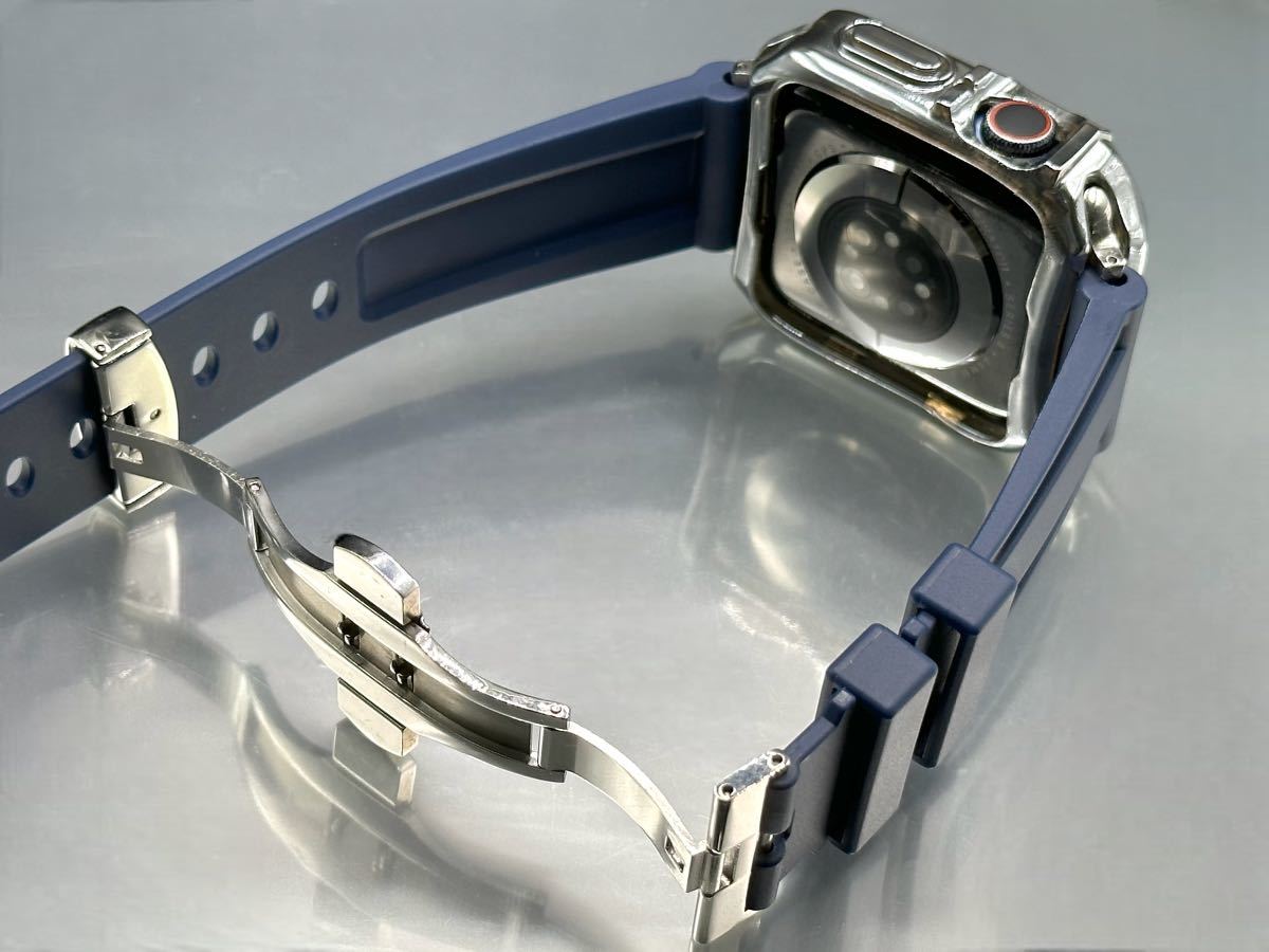 ネイビー シルバー アップルウォッチバンド ラバーベルト Apple Watch カバー　ケース メンズ レディース 38mm40mm41mm42mm44mm45mm