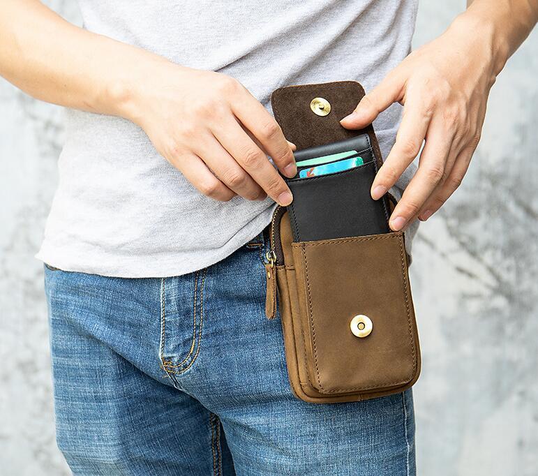  original leather Mini shoulder bag men's cow leather belt pouch waist bag small size pochette leather Brown 