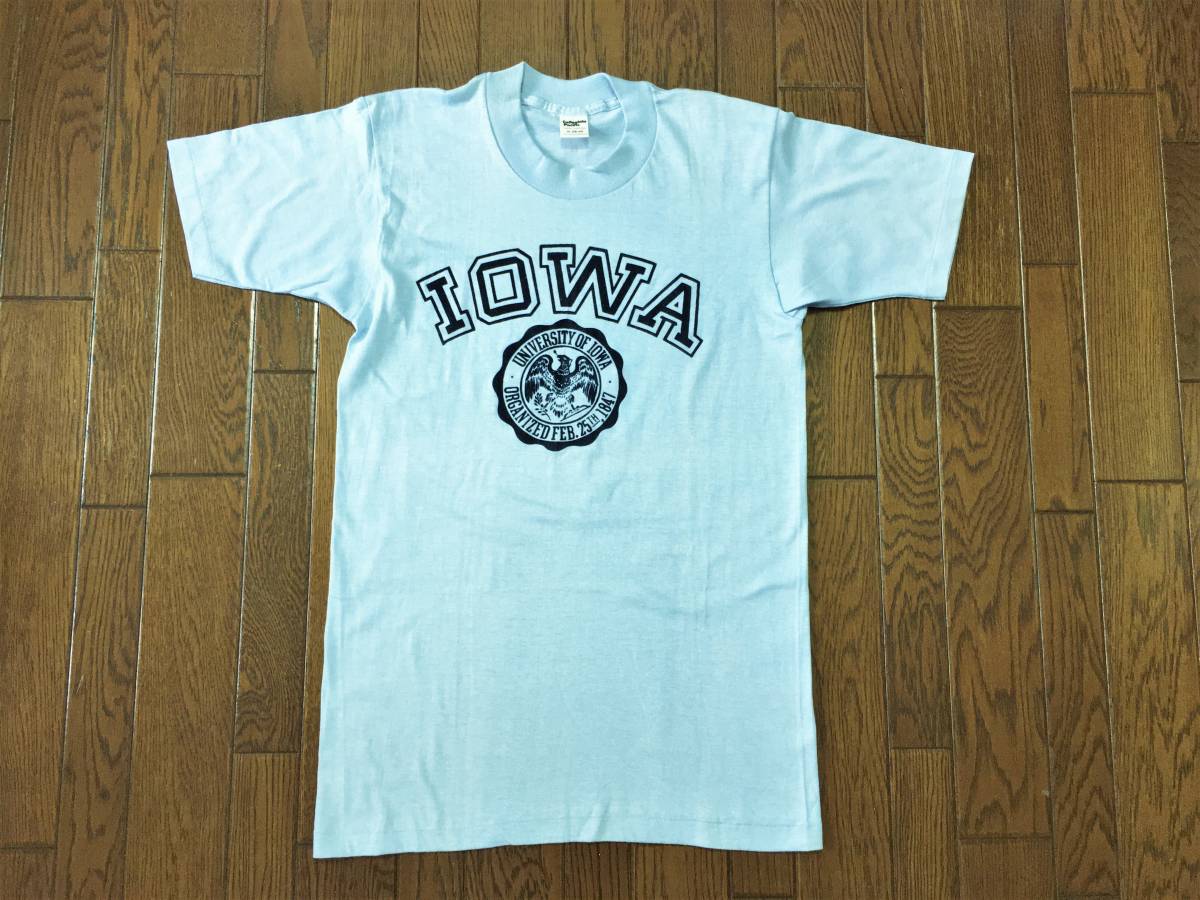 ヴィンテージ ８０ｓ Collegiate Pacific ＩＯＷＡ アイオワ大学 Tシャツ M 水色 カレッジ フロッキー プリント シングルステッチ ＵＳＡ製_画像2