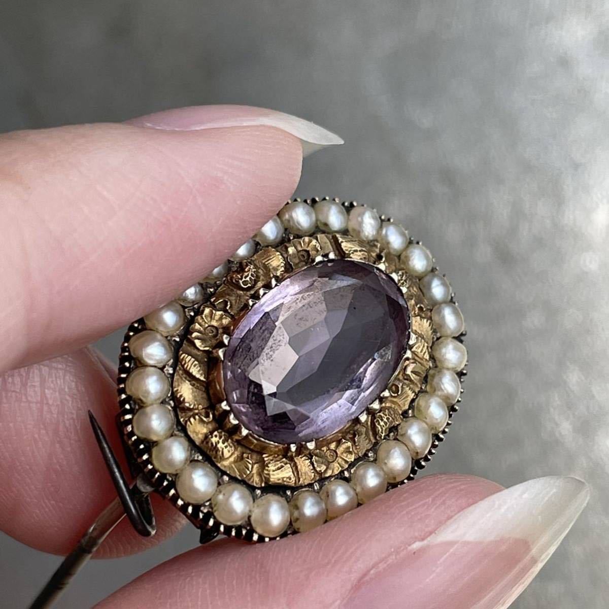 美品 一点物 9ct アメジスト シードパール ペンダント ブローチ 英国