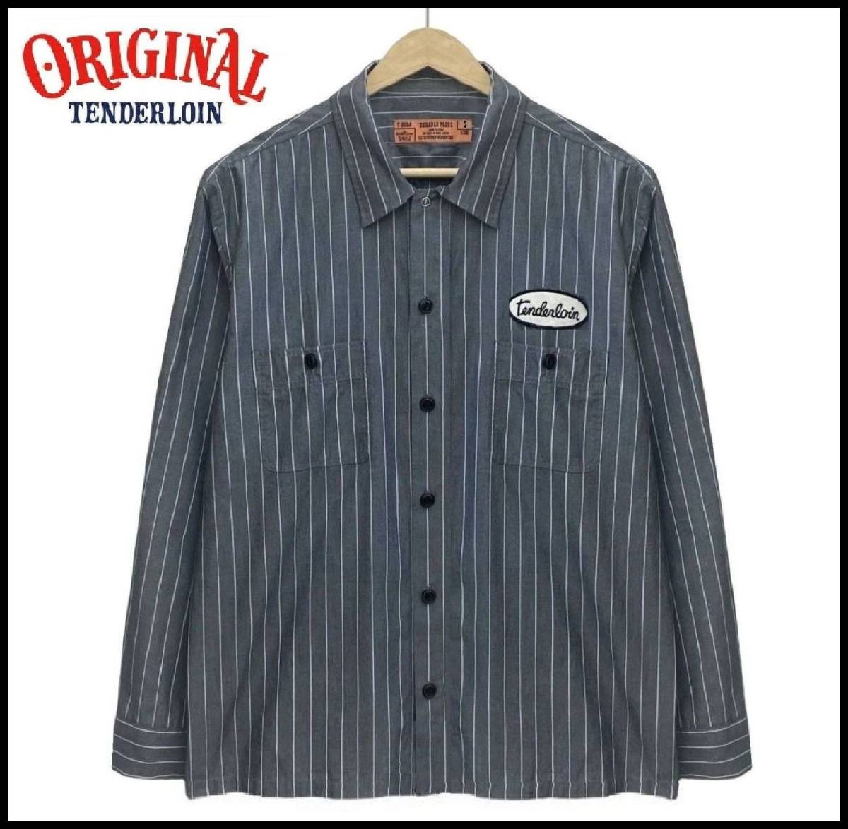 ★名作★ TENDERLOIN テンダーロイン T-STRIPE WORK SHIRT サークル ロゴ ワッペン 刺繍 長袖 ストライプ ワーク シャツ グレー S