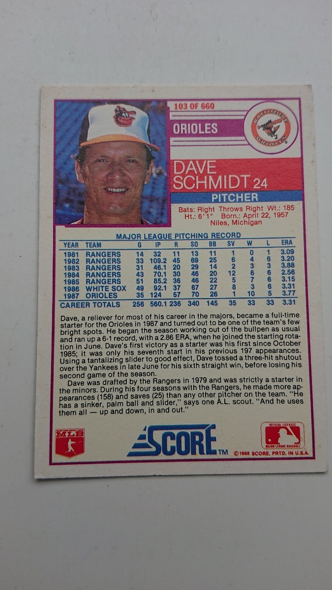 デーブ・シュミット！1988SCORE103 MLBボルチモア・オリオールズ BALTIMORE ORIOLES